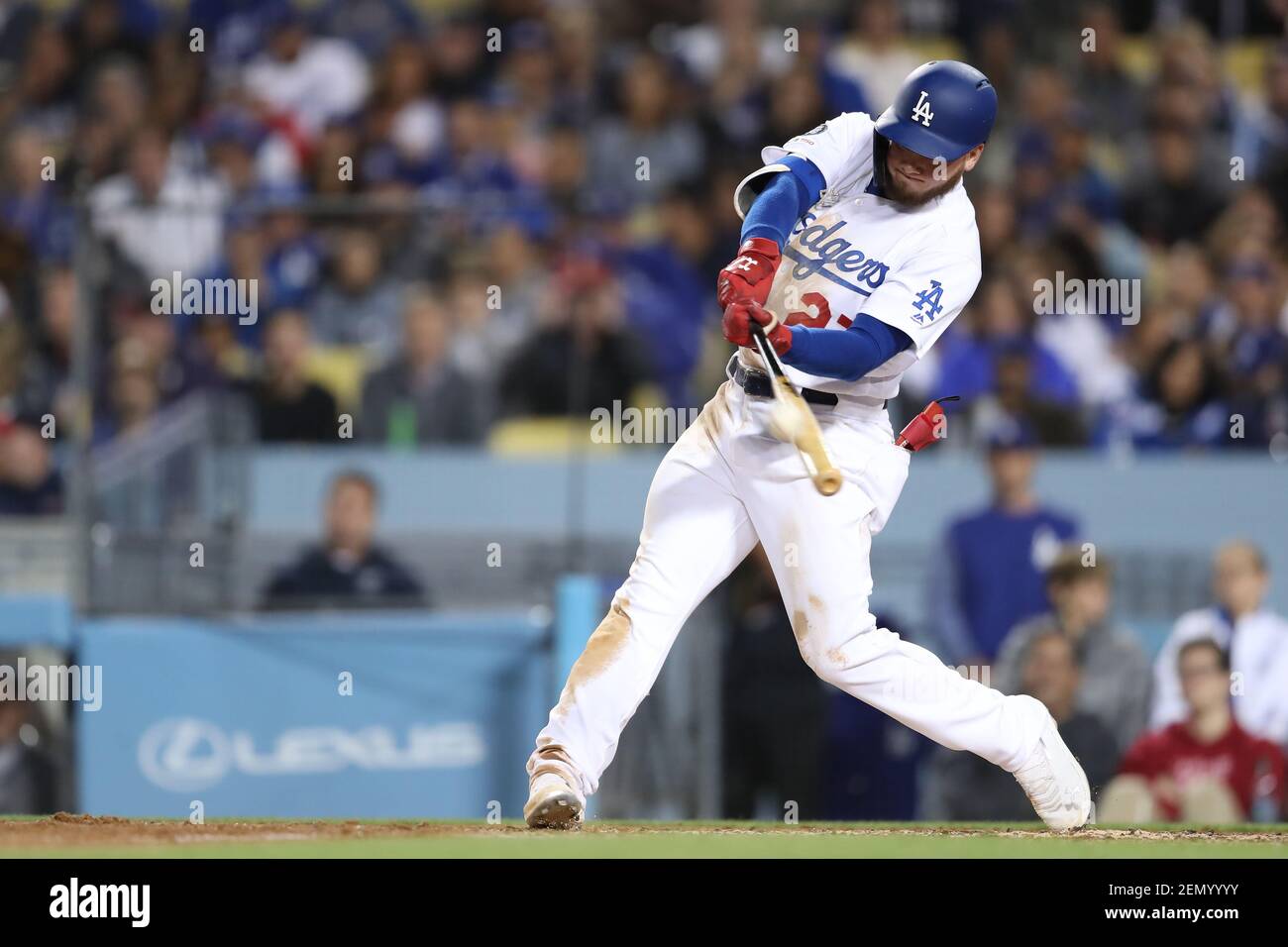 May 7, 2019: Los Angeles Dodgers center fielder Alex Verdugo (27) launches a deep fly to center field just missing a homer during the game between the Atlanta Braves and the Los Angeles Dodgers at Dodger Stadium in Los Angeles, CA. (Photo by Peter Joneleit)(Credit Image: © Peter Joneleit/CSM/Sipa USA) Stock Photo