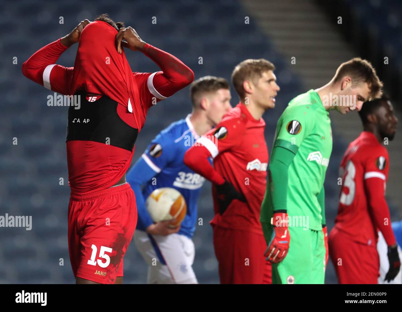 Royal Antwerp's Frank Thierry Boya reacts during the UEFA Europa League match at the Ibrox Stadium, Glasgow. Picture date: Thursday February 25, 2021. Stock Photo