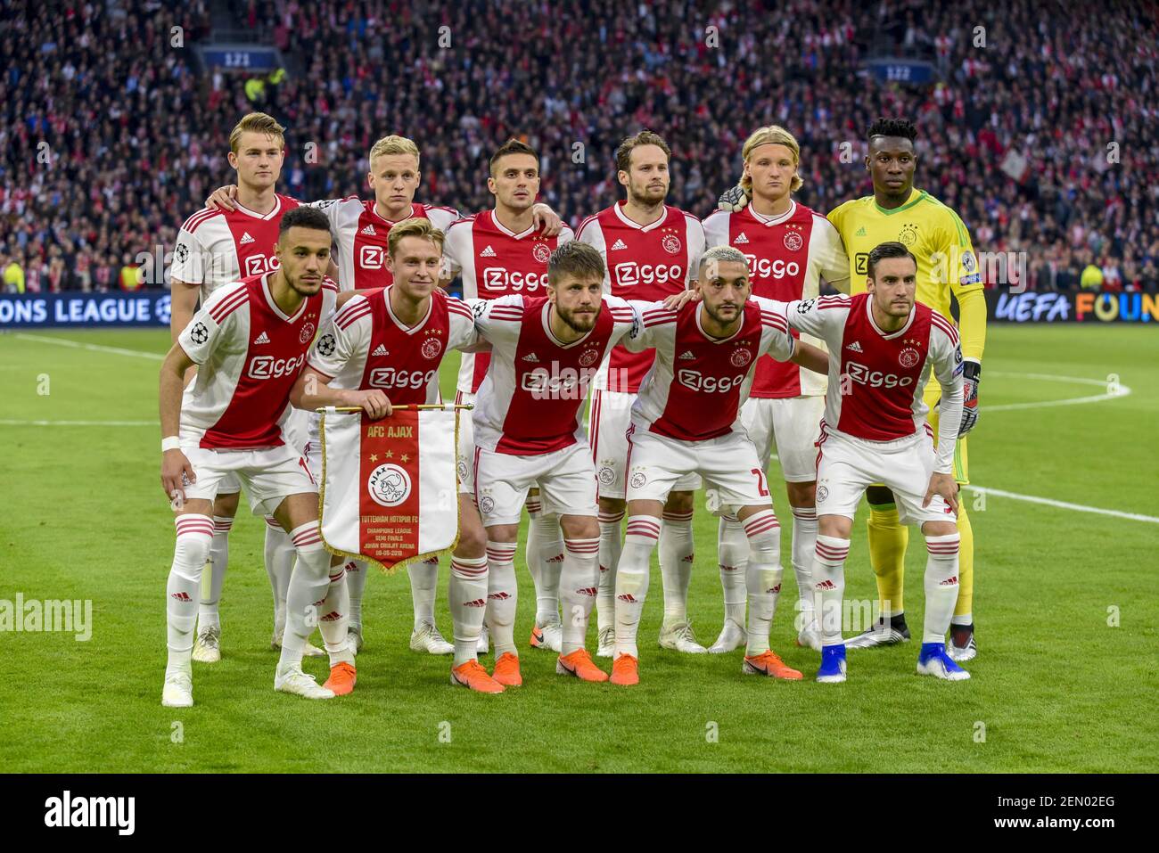 Ajax football team poses for a photo during the UEFA Champions League Semi- Final match between AFC Ajax Amsterdam and Tottenham Hotspur FC at Johan  Cruijff ArenA in Amsterdam, Netherlands on May 8,