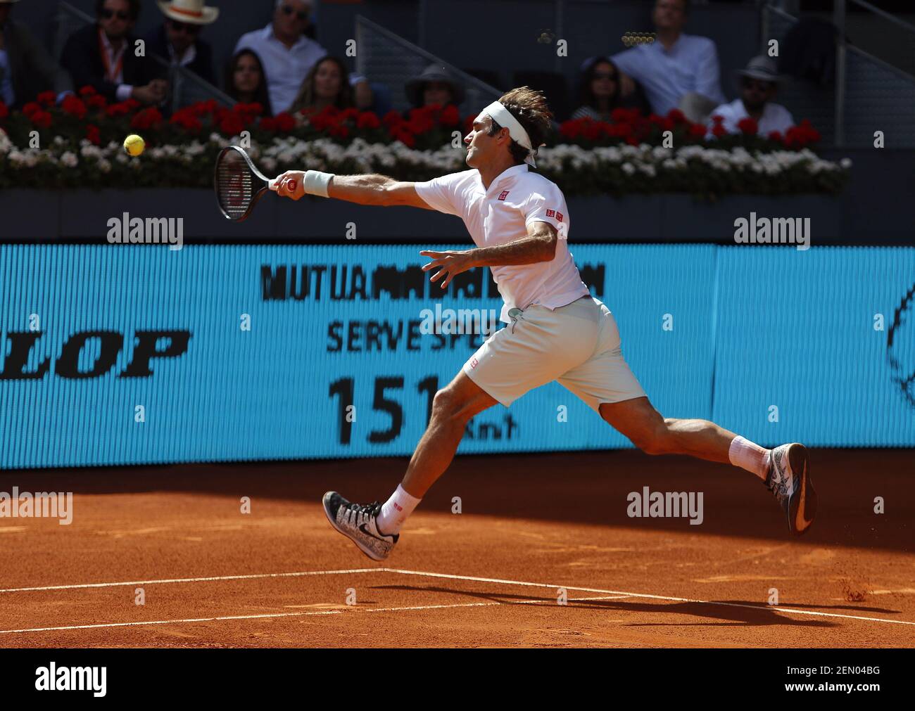 Roger Federer of Switzerland seen in action against Gael Monfils of France  during day seven of the Mutua Madrid Open at La Caja Magica in Madrid,  Spain. (Photo by Manu Reino /