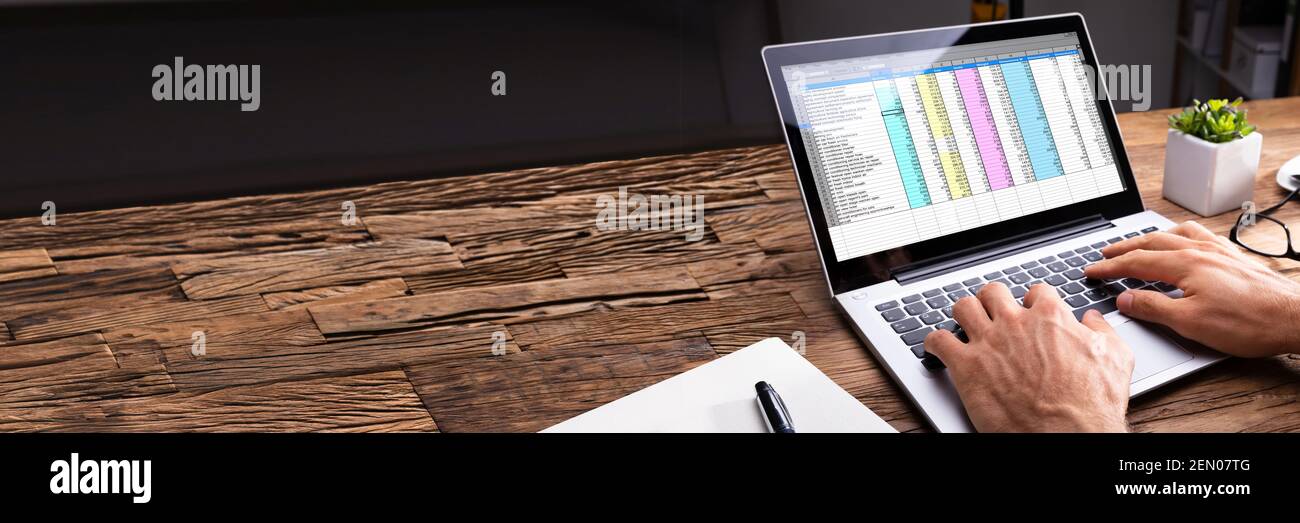 Analyst Using Spreadsheet Reports And Budget Software On Laptop Computer Stock Photo