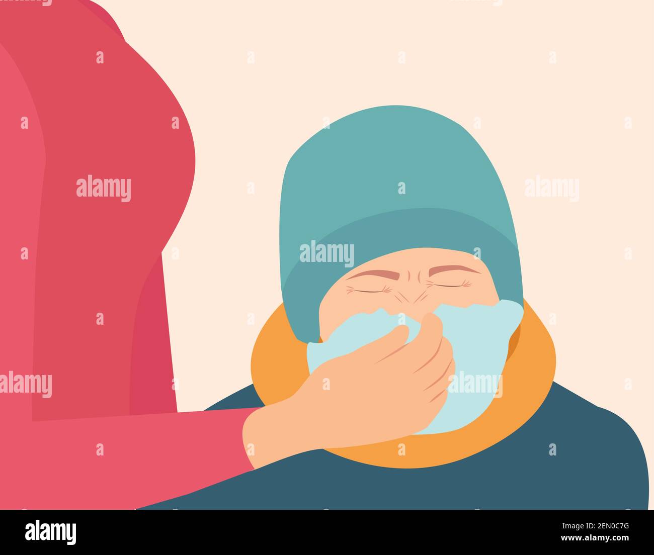 Mom wipes her son's nose with a napkin isolated flat vector illustration. Boy get sick sneezing from flu Women clean her son's nose while boy sneezing Stock Vector