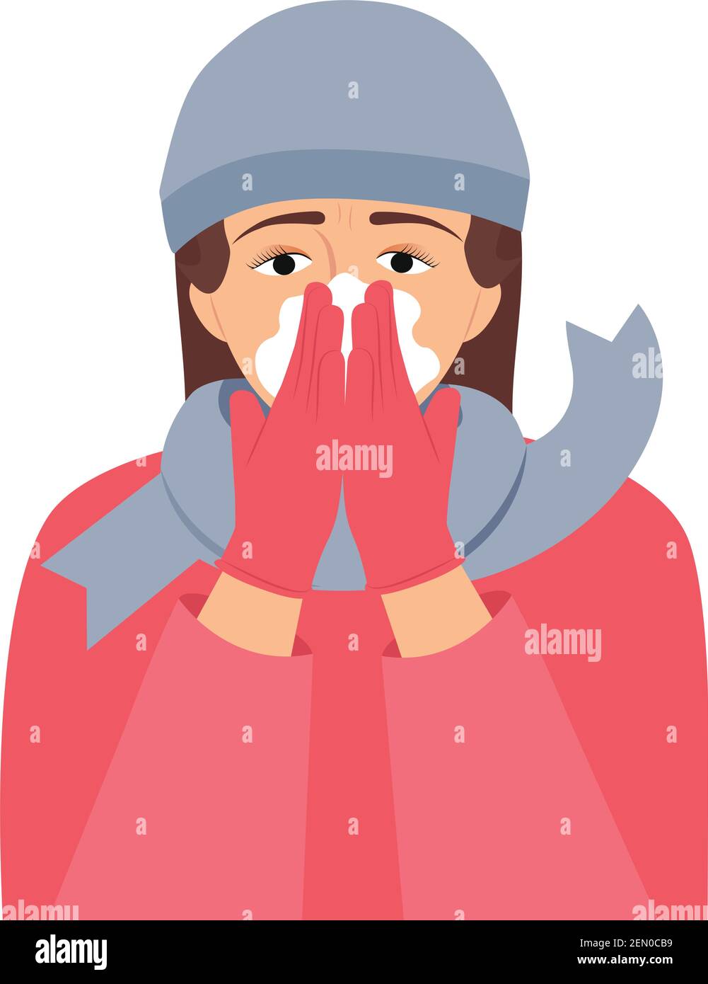 Women use tissue to cover the mouth and nose while coughing and sneezing vector illustration. Female character covers her nose with a handkerchief. Stock Vector