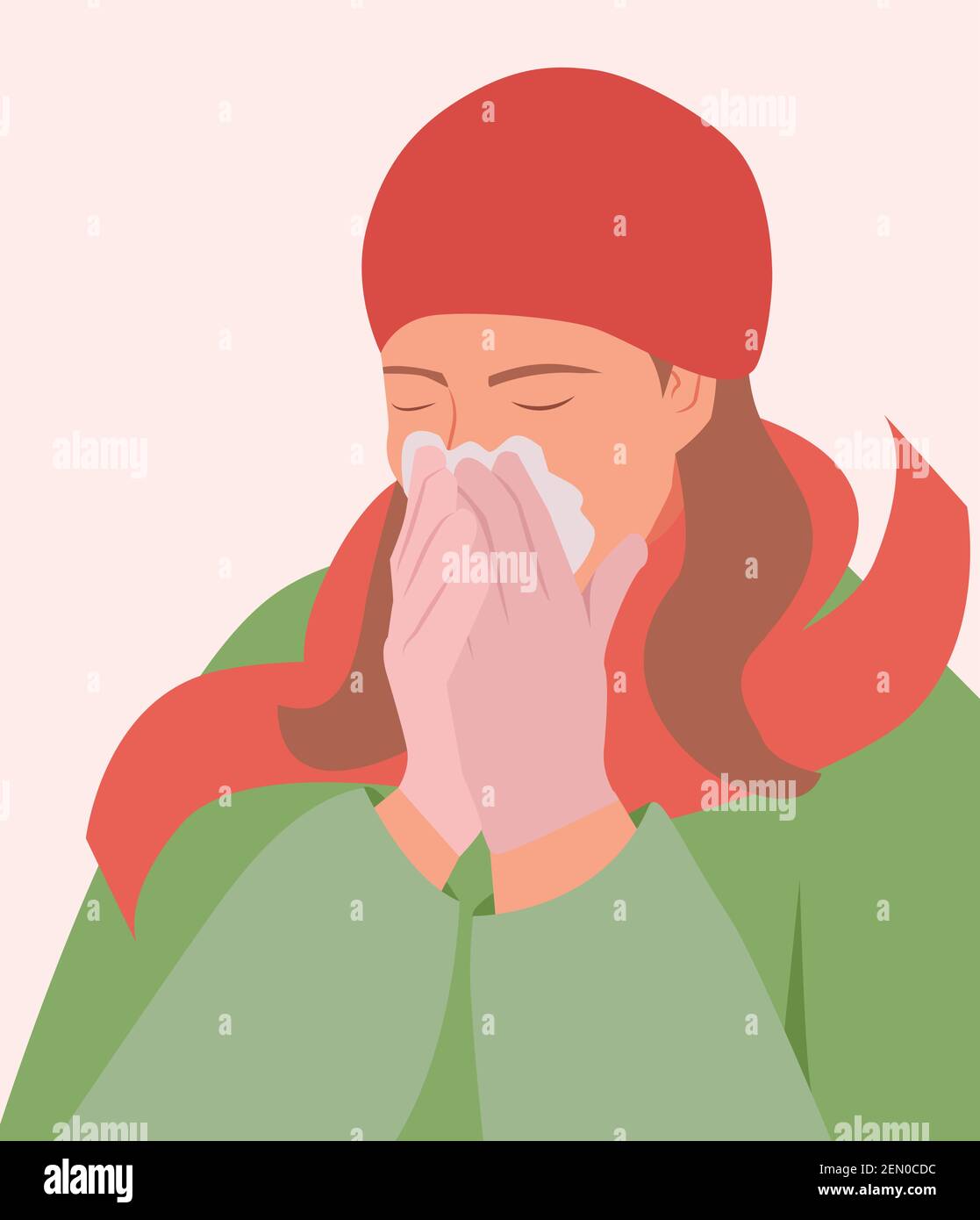 Women use tissue to cover the mouth and nose while coughing and sneezing vector illustration.Girl get sick sneezing from flu. Concept of Winter Stock Vector