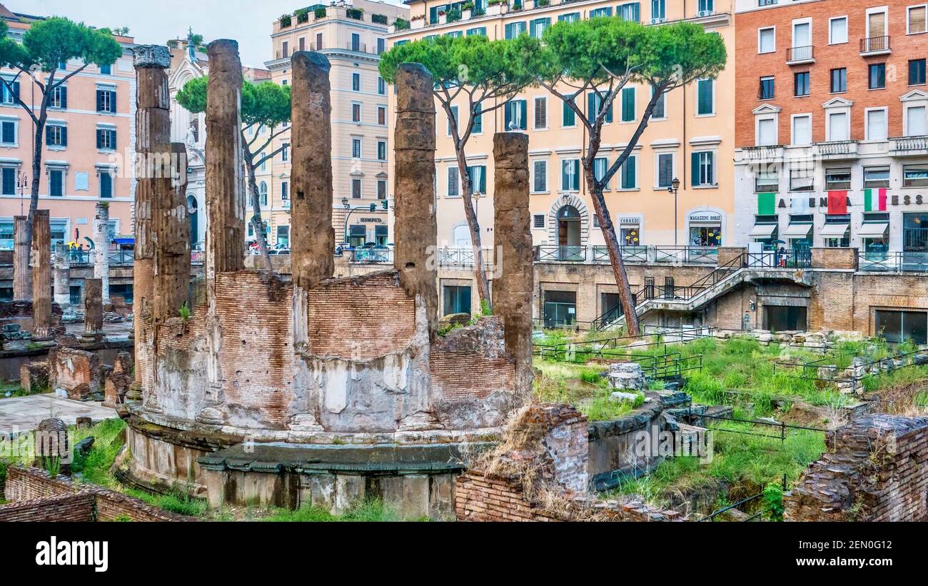 Rome, Italy - June 18, 2014. In the central city, the ancient archaeological complex known as the Sacred Area of Largo di Torre Argentina, Temple B. Stock Photo