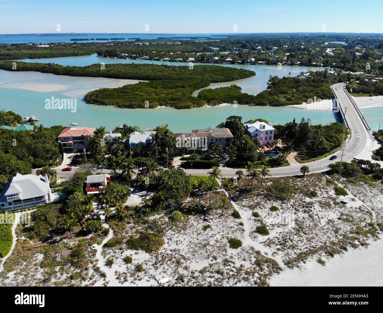 Aerial view of the road bridge between Captiva Island and Sanibel