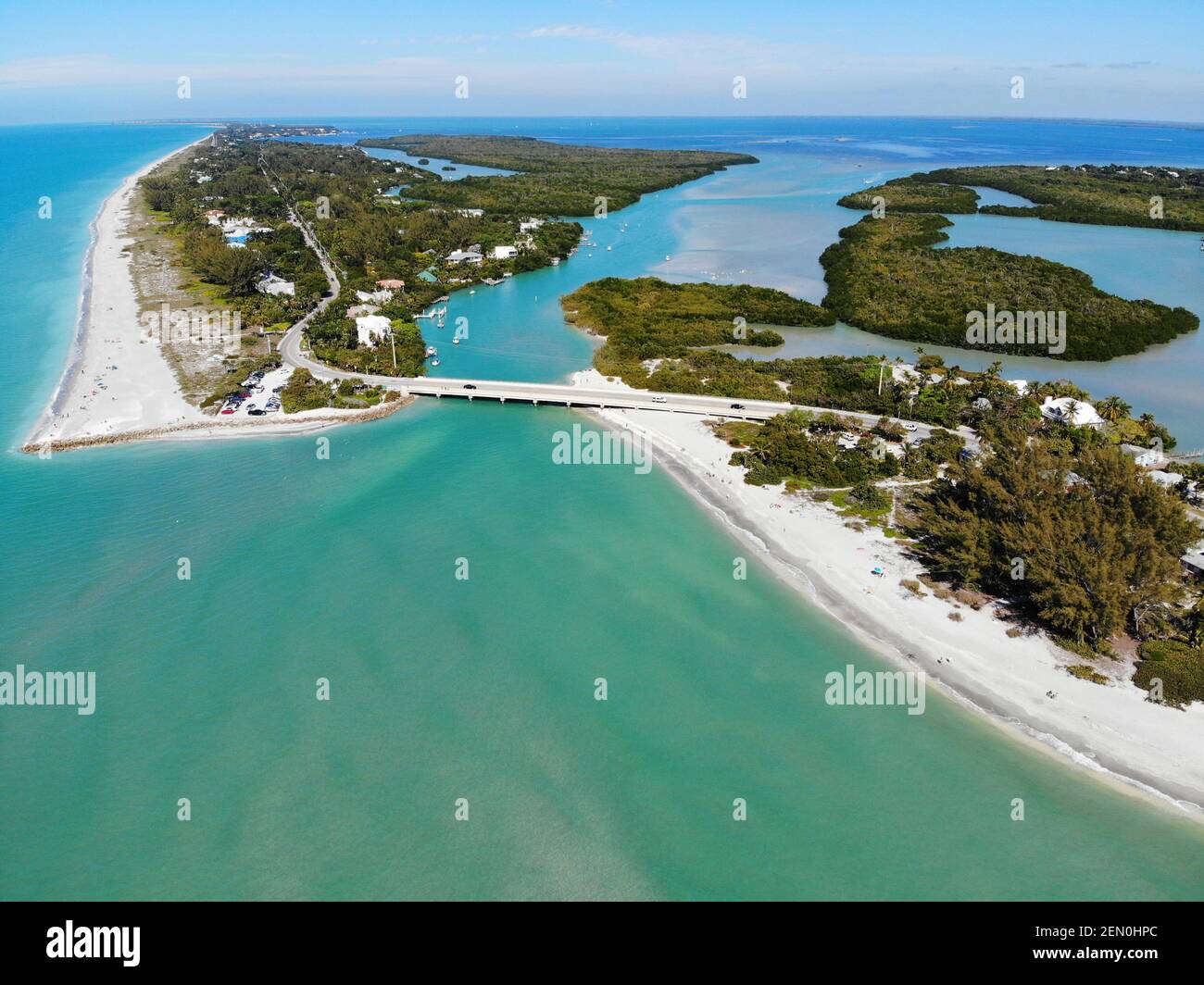 Aerial view of the road bridge between Captiva Island and Sanibel