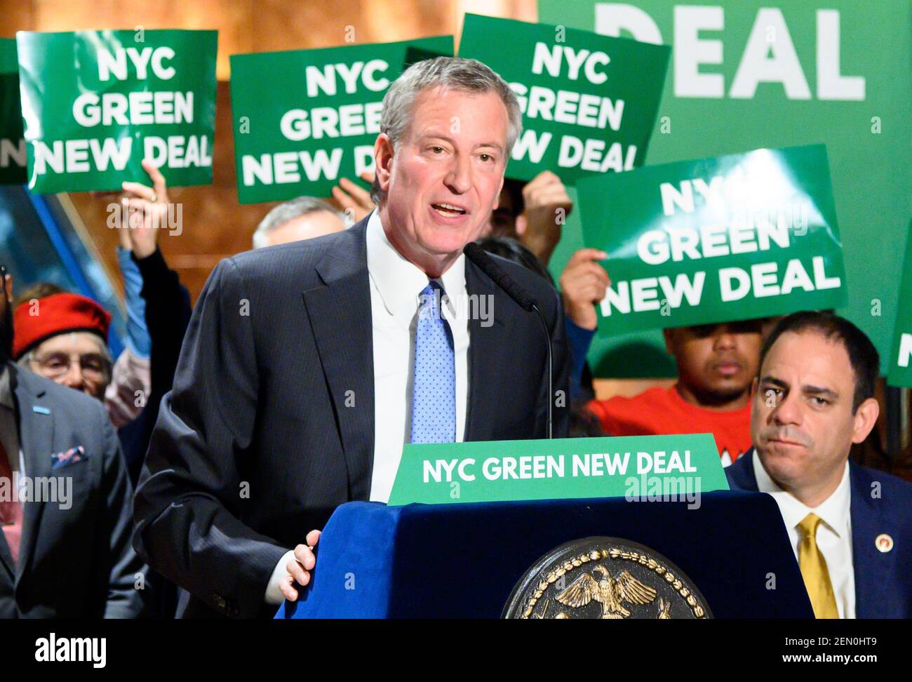 Green New Deal rally with New York City Mayor Bill de Blasio (D) held ...