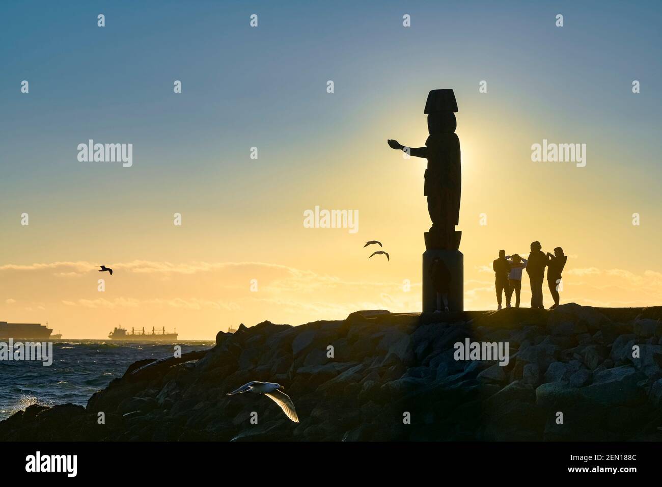 Coast Salish Figure, Ambleside Park, sunset, West Vancouver