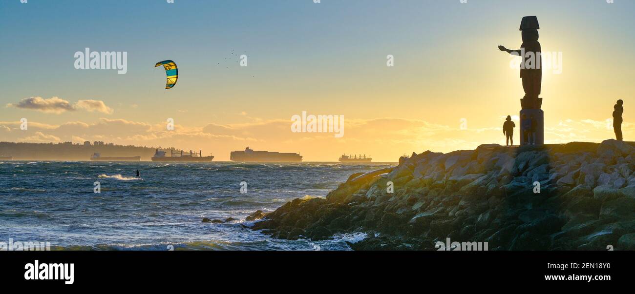 Coast Salish Figure, Ambleside Park, sunset, West Vancouver