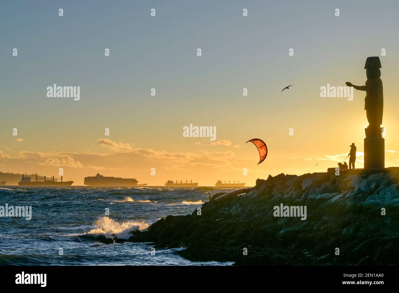 Coast Salish Figure, Ambleside Park, sunset, West Vancouver