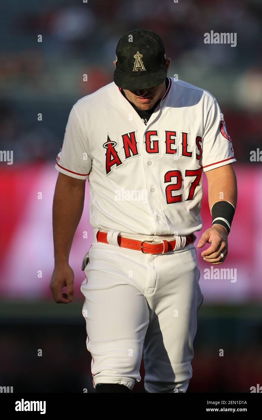 May 17, 2019: Los Angeles Angels center fielder Mike Trout (27) walks in  the outfield during pregame before the game between the Kansas City Royals  and the Los Angeles Angels of Anaheim