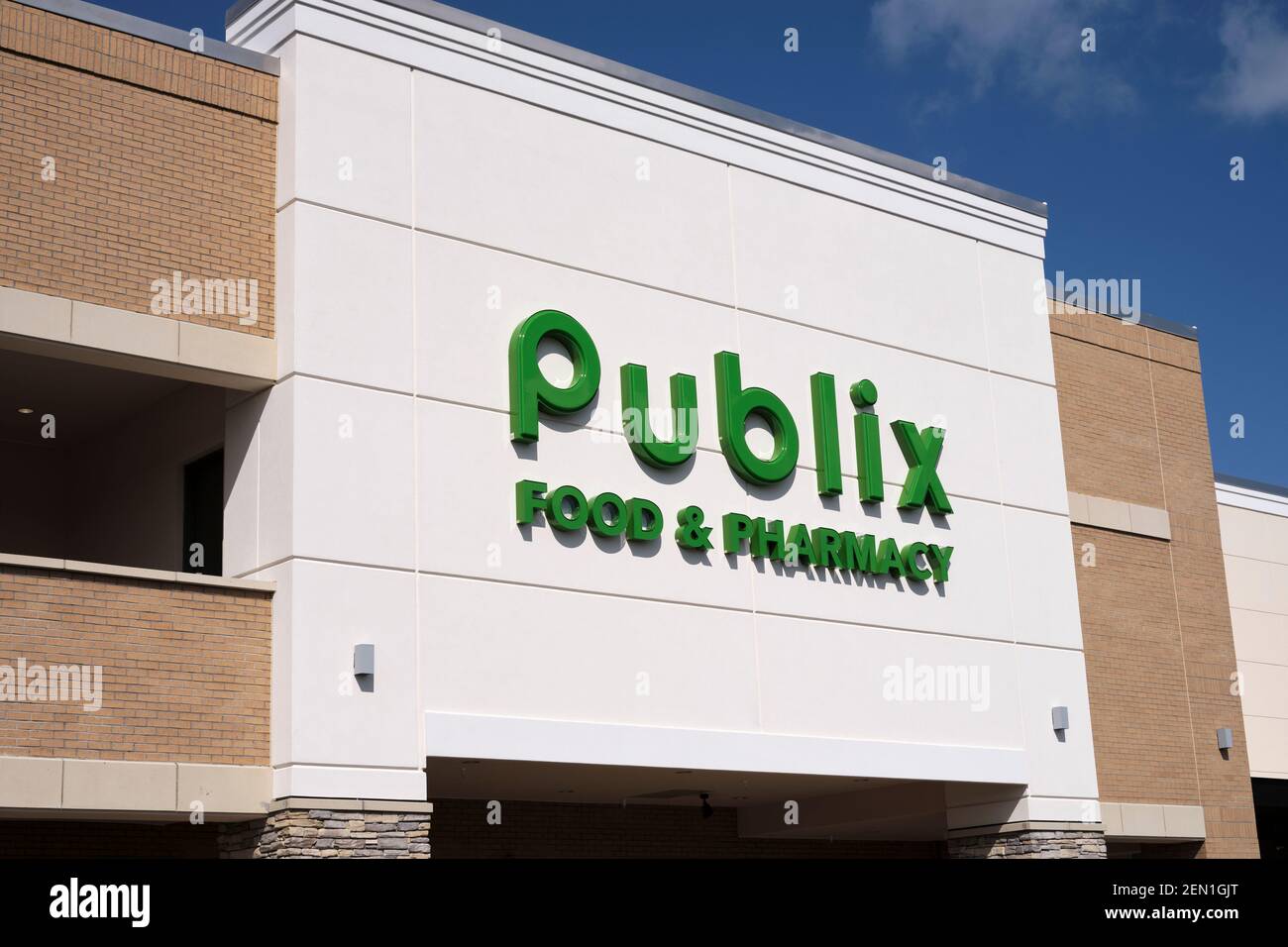 Publix grocery store or market, supermarket, front exterior including signage and logo in Pike Road Alabama, USA. Stock Photo