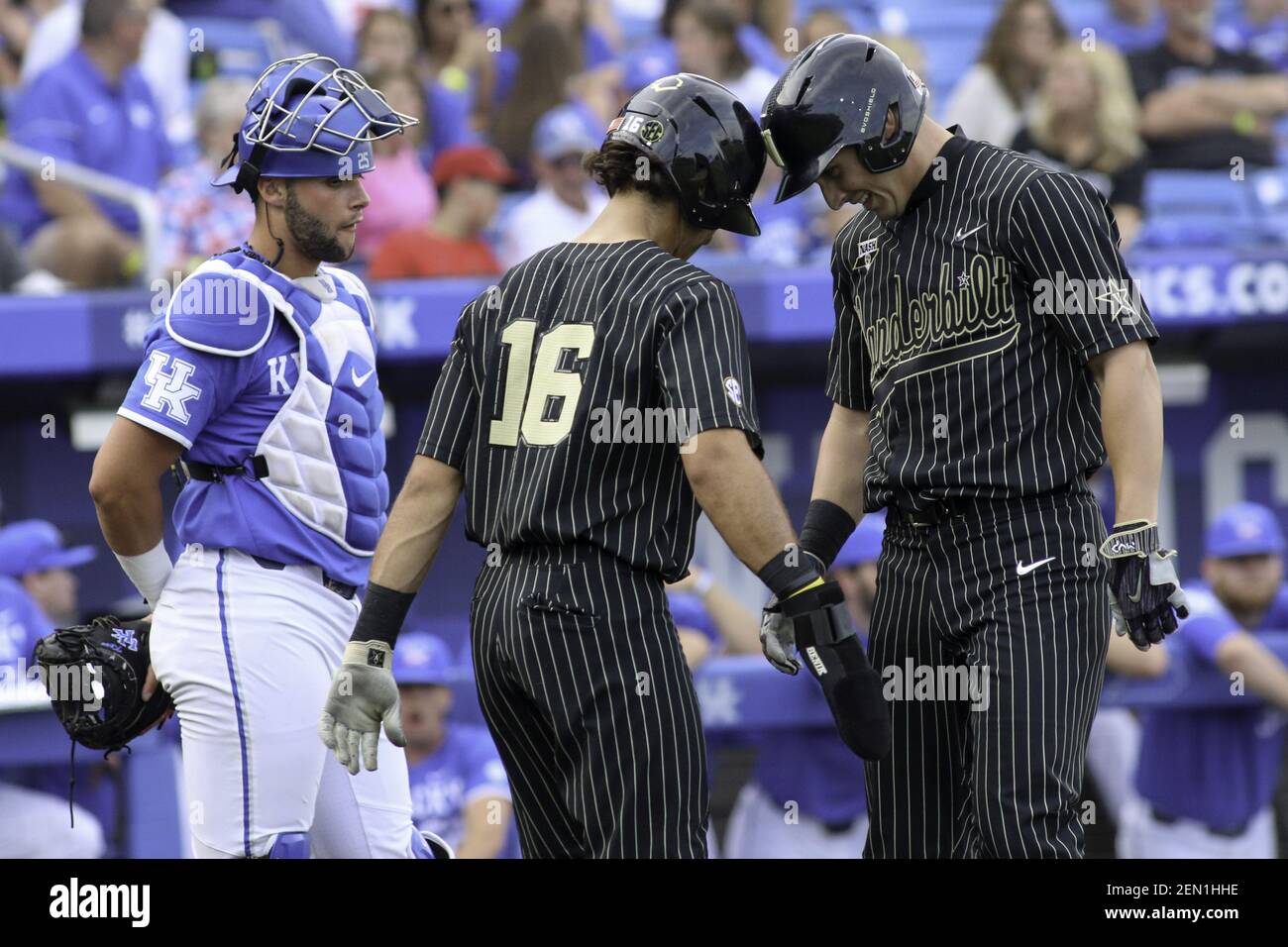 May 17, 2019: Vanderbilt's Austin Martin (16) and JJ Bleday (right)  celebrate Bleday's home run while Kentucky's Coltyn Kessler looks on during  a game between the Kentucky Wildcats and the Vanderbilt Commodores