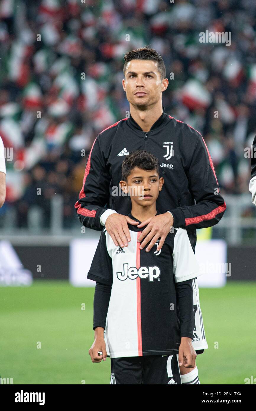 Cristiano Ronaldo and his son Cristiano Ronaldo Jr. during the Serie A,  football match. Juventus vs Atalanta. Final score was 1-1 at Allianz  Stadium, in Turin, Italy 19th may 2019 (Photo by