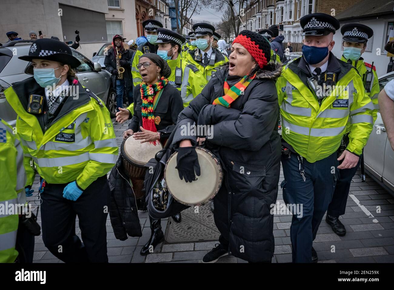 Coronavirus: Police break up and make arrests during an attempted anti-lockdown music event in Brixton’s Windrush Square, London, UK. Stock Photo