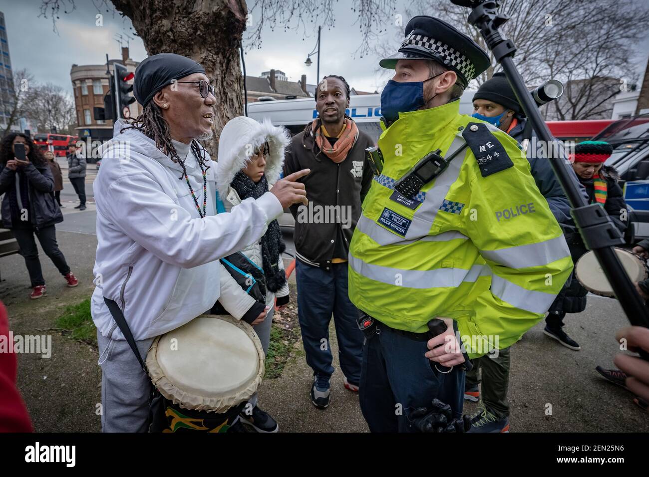 Coronavirus: Police break up and make arrests during an attempted anti-lockdown music event in Brixton’s Windrush Square, London, UK. Stock Photo