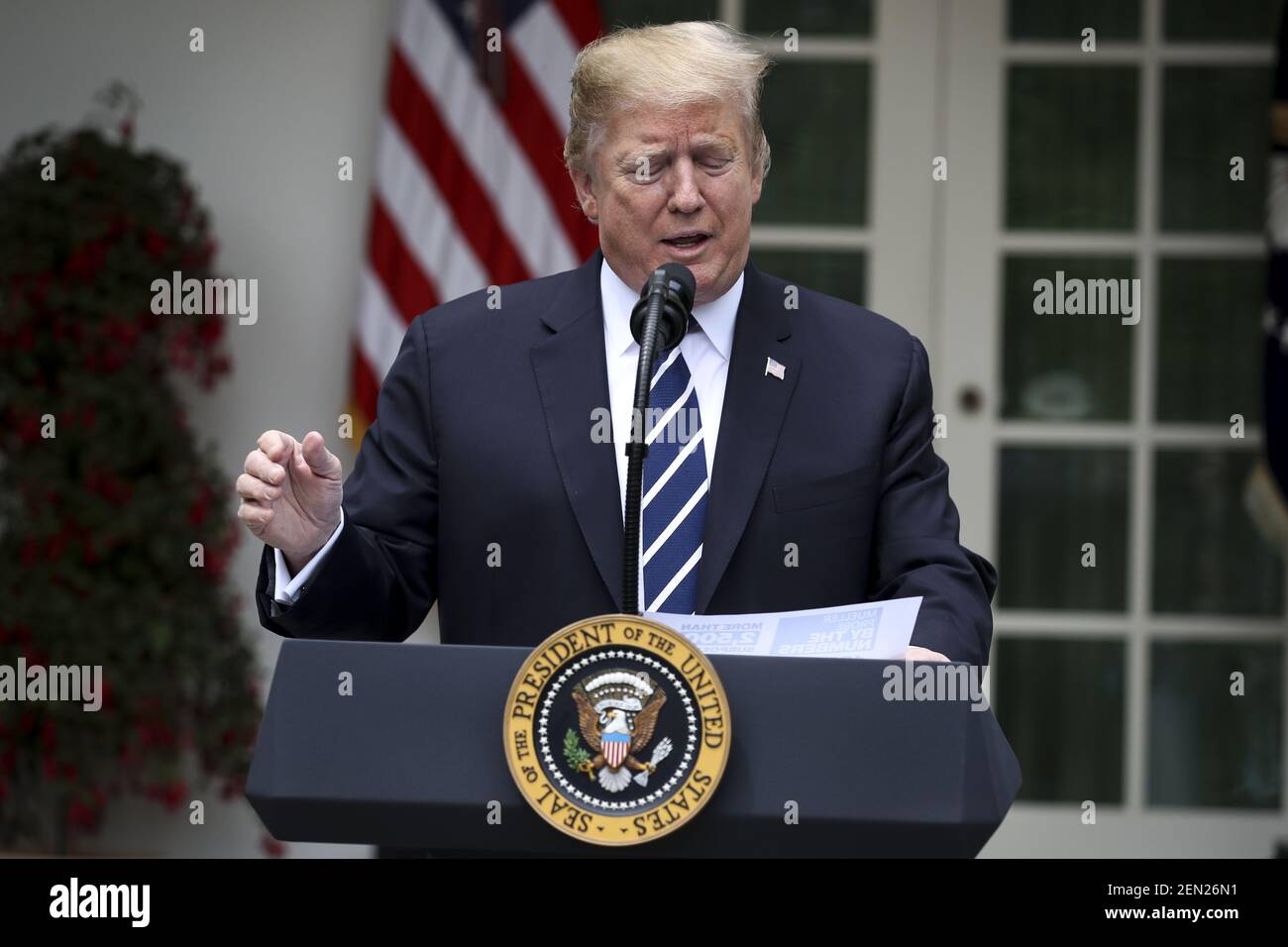 President Donald Trump speaks in the Rose Garden of the White House on ...