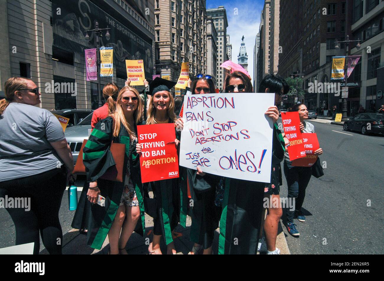 Pro-Choice Activist riase the point that bans on abortion do prevent abortions but make them more dangerous driving women in need into the shadows reducing access to safe clinical practices during a 'Stop Abortion Bans' rally held during the lunch our in Center city Philadelphia on May 21, 2019. (Cory Clark/Sipoa USA) Stock Photo