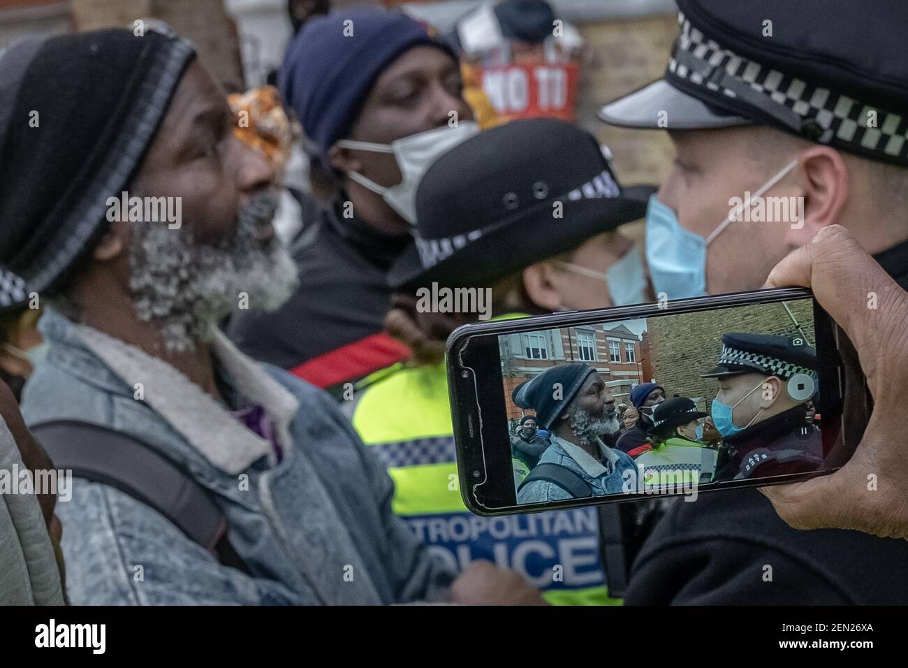 Coronavirus: Police break up and make arrests during an attempted anti-lockdown music event in Brixton’s Windrush Square, London, UK. Stock Photo