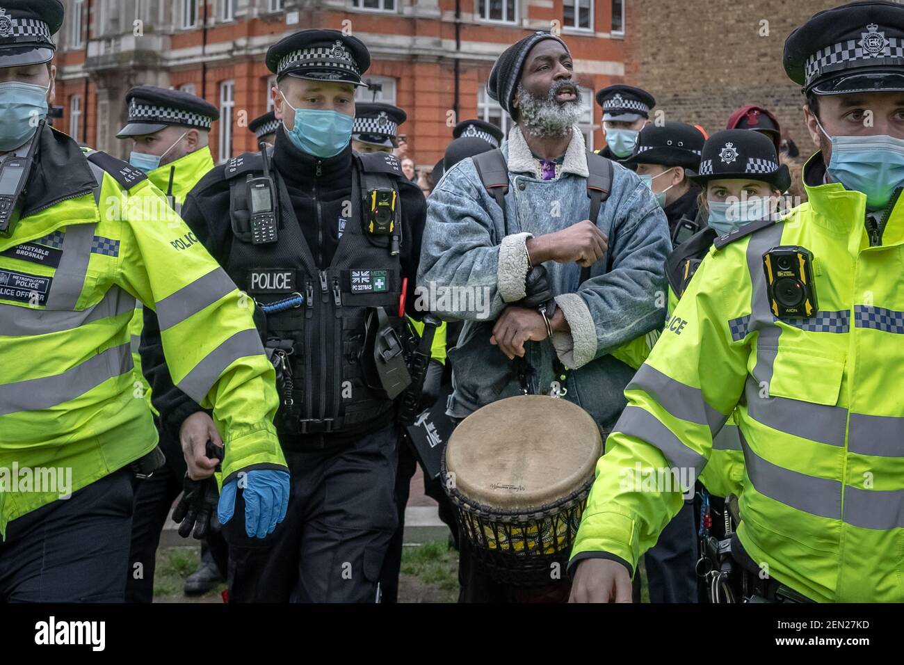 Coronavirus: Police break up and make arrests during an attempted anti-lockdown music event in Brixton’s Windrush Square, London, UK. Stock Photo