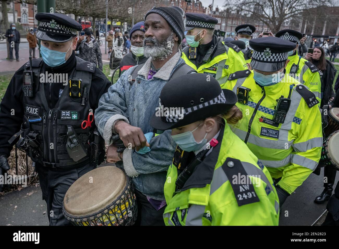 Coronavirus: Police break up and make arrests during an attempted anti-lockdown music event in Brixton’s Windrush Square, London, UK. Stock Photo