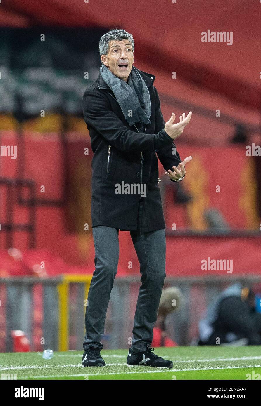 Manchester, UK. 26th Feb, 2021. Real Sociedad's head coach Imanol Alguacil reacts during the UEFA Europa League Round of 32 second Leg football match between Manchester United and Real Sociedad in Manchester, Britain, on Feb. 25, 2021. Credit: Xinhua/Alamy Live News Stock Photo