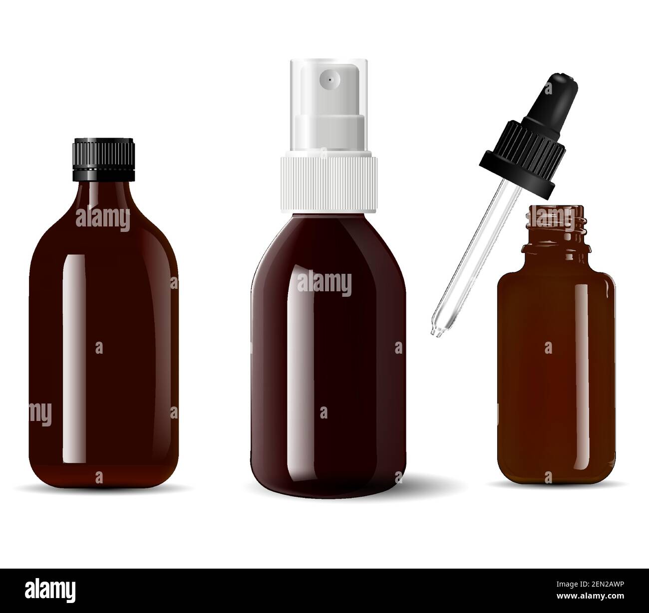 Medical bottle brown glass. Cosmetic container, 3d vector isolated on white. Small serum dropper