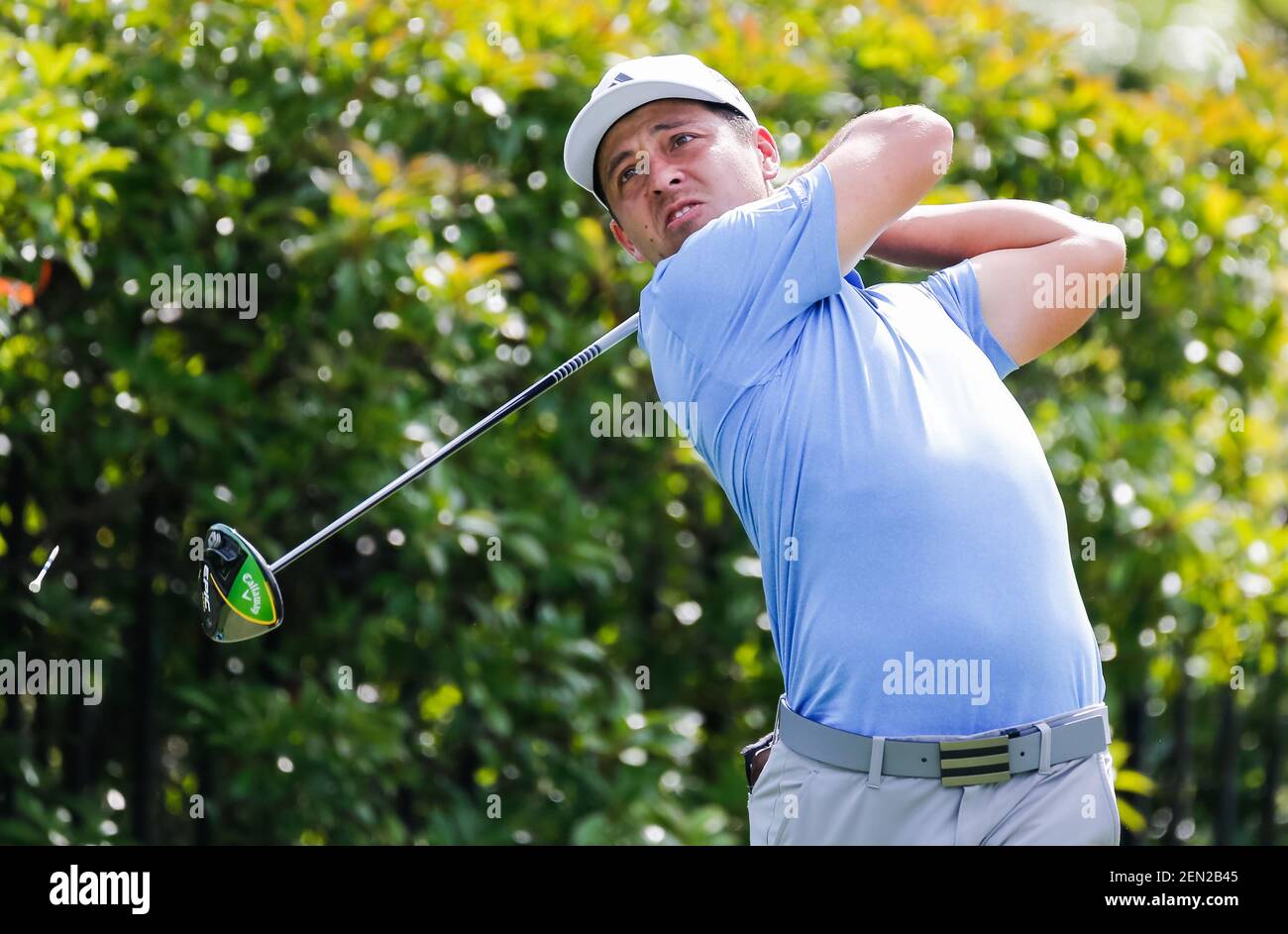 May 23, 2019; Fort Worth, TX, USA; Xander Schauffele plays his shot from  the 15th tee during the first round the Charles Schwab Challenge golf  tournament at Colonial Country Club. Mandatory Credit: