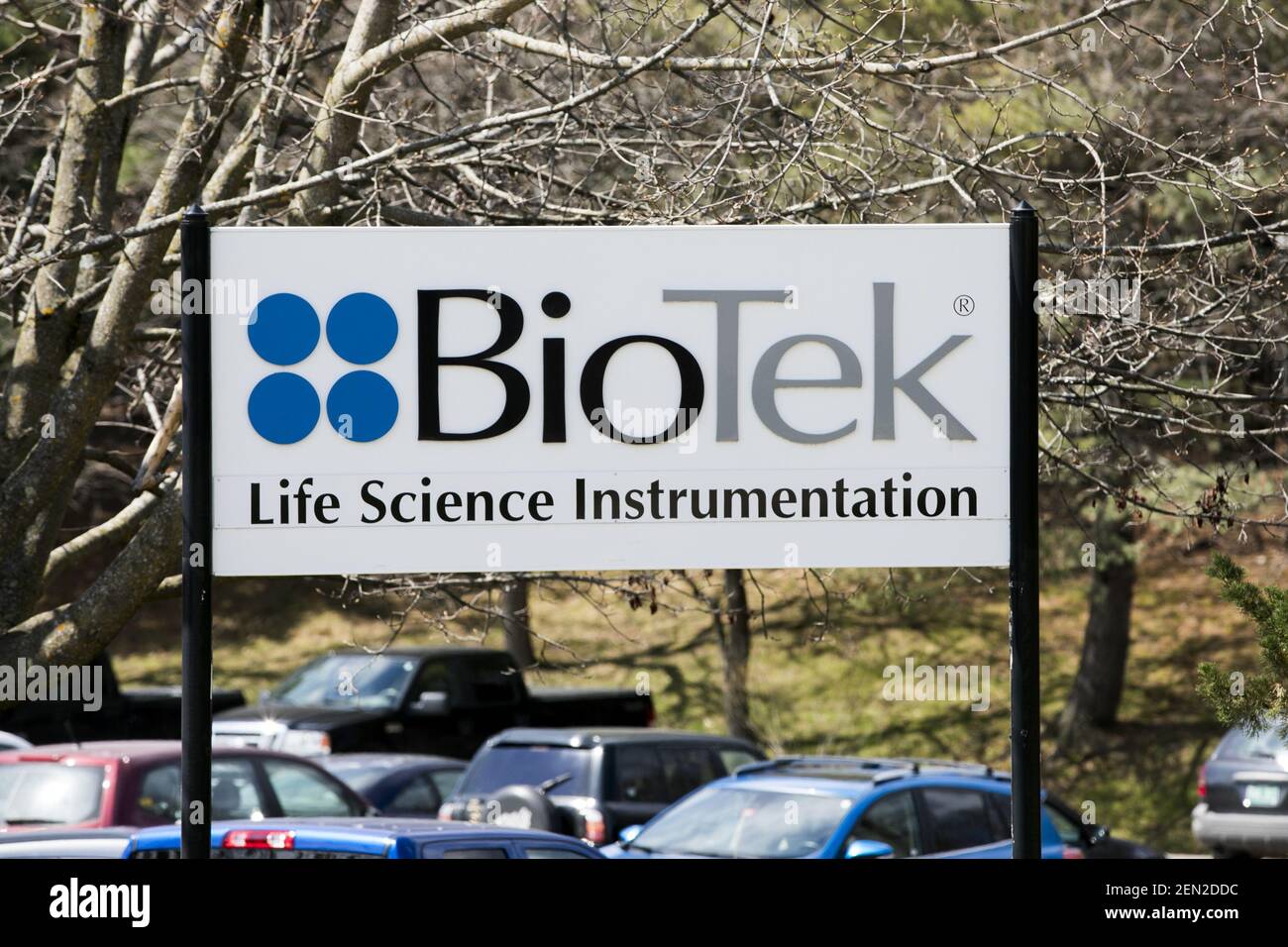 A logo sign outside of the headquarters of BioTek Instruments, Inc., in  Winooski, Vermont on April 23, 2019. (Photo by Kristoffer Tripplaar/Sipa  USA Stock Photo - Alamy