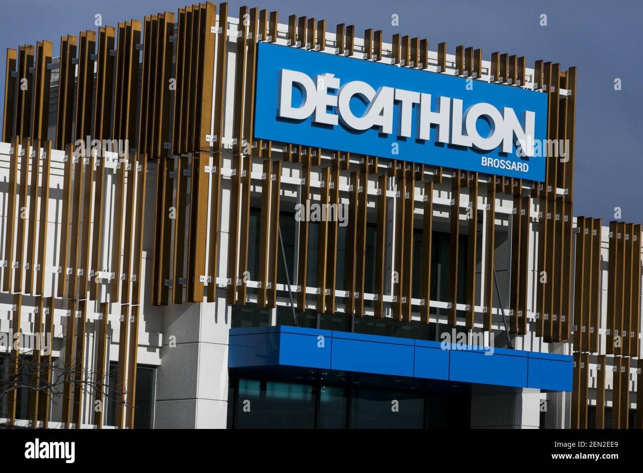 A logo sign outside of a Decathlon retail store location in Brossard,  Quebec, Canada, on April 23, 2019. (Photo by Kristoffer Tripplaar/Sipa USA  Stock Photo - Alamy