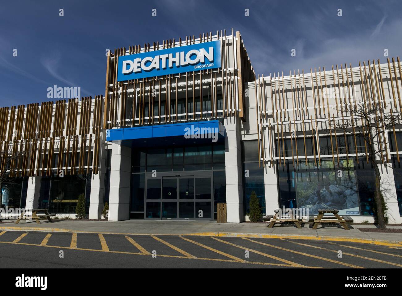 A logo sign outside of a Decathlon retail store location in Brossard,  Quebec, Canada, on April 23, 2019. (Photo by Kristoffer Tripplaar/Sipa USA  Stock Photo - Alamy