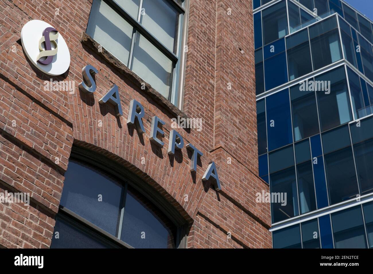 A logo sign outside of the headquarters of Sarepta Therapeutics in