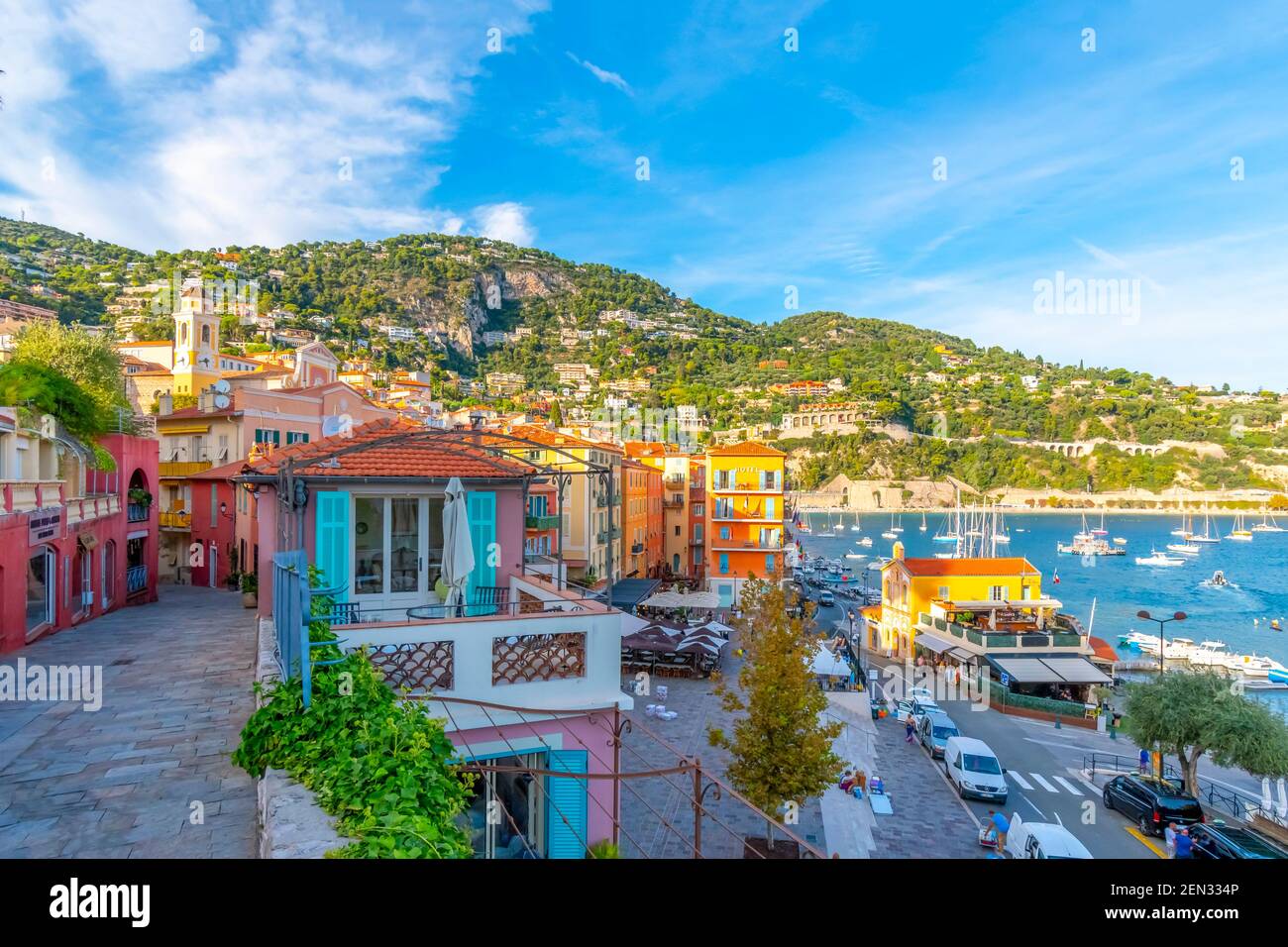 Scenic view of the colorful town, bay and marina of Villefranche Sur Mer, on the French Riviera coast of Southern France. Stock Photo