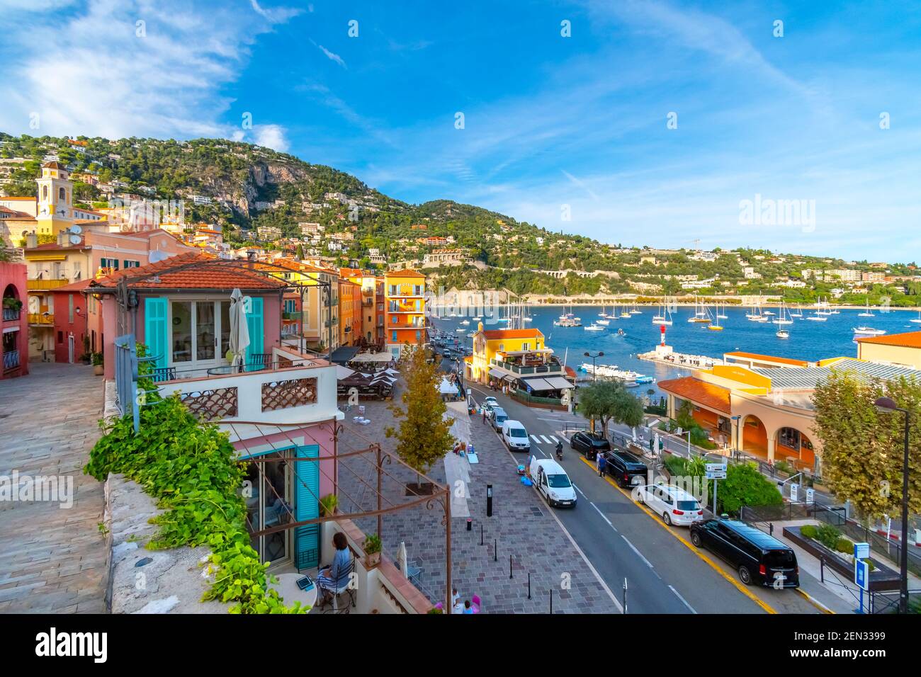 Scenic view of the colorful town, bay and marina of Villefranche Sur Mer, on the French Riviera coast of Southern France. Stock Photo