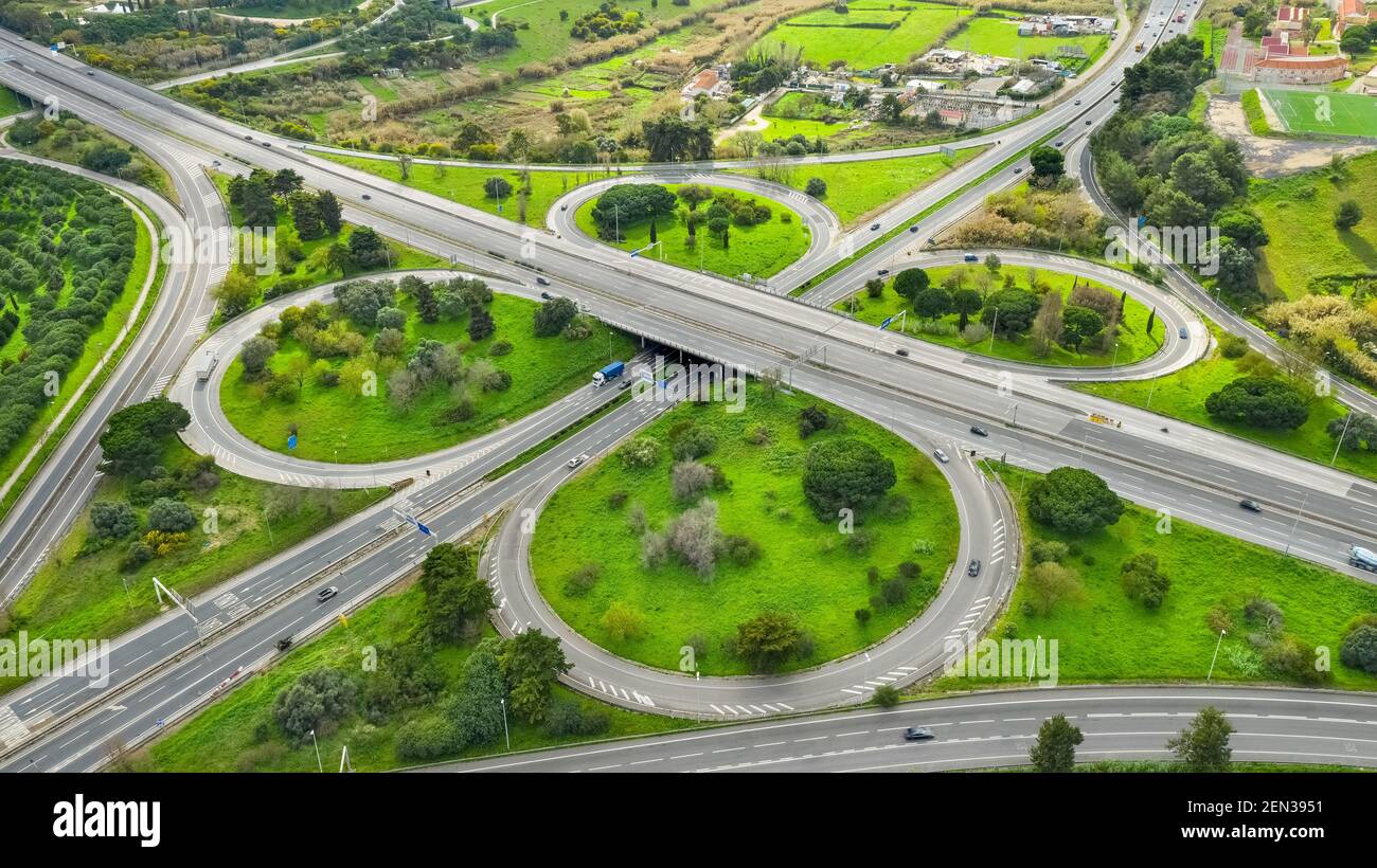 Cloverleaf interchange. Aerial view of highway road junction.Highway in Portugal Stock Photo