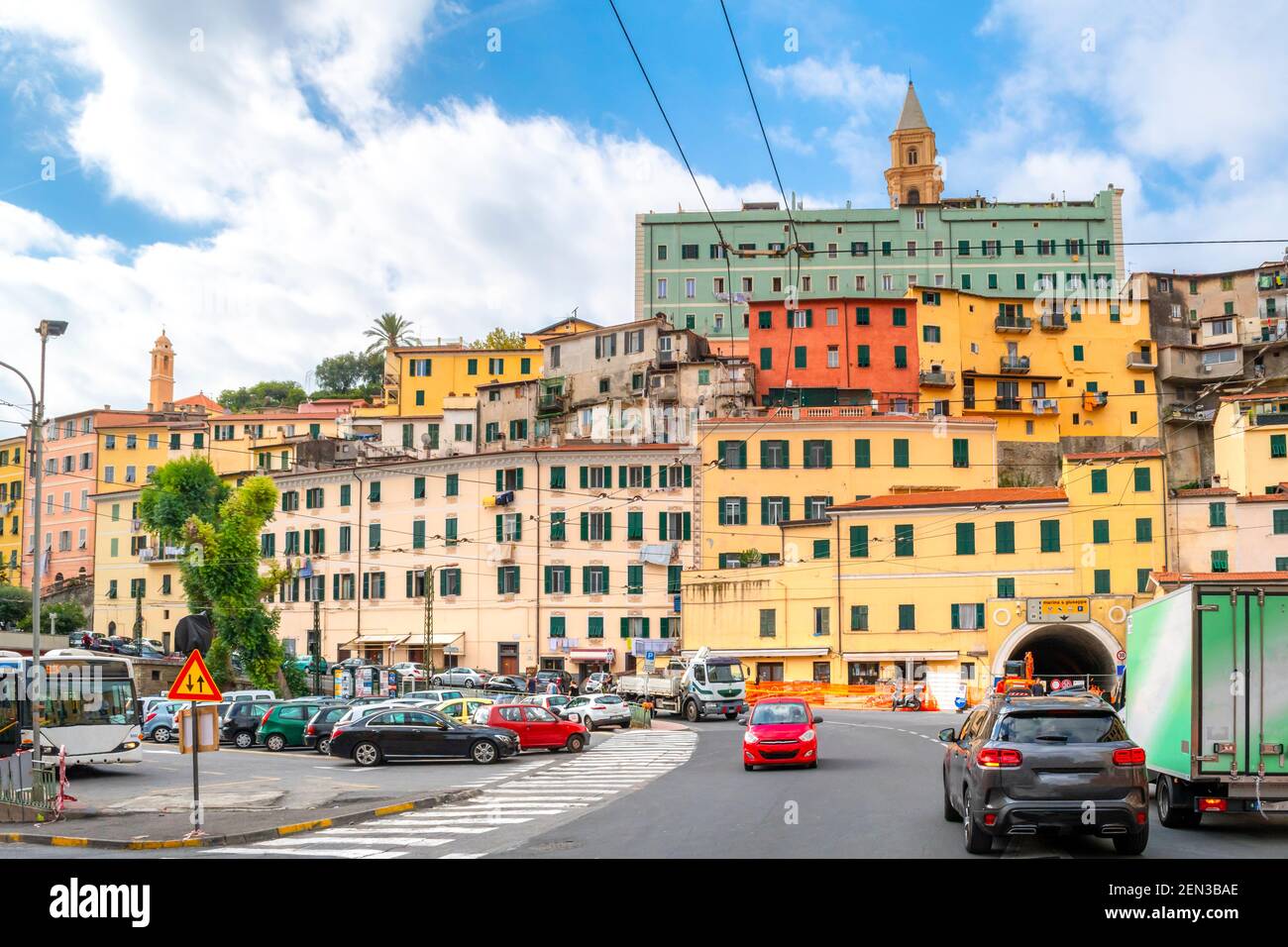 The town center of Ventimiglia, Italy on the Italian Riviera, with the colorful hillside homes and cathedral above. Stock Photo