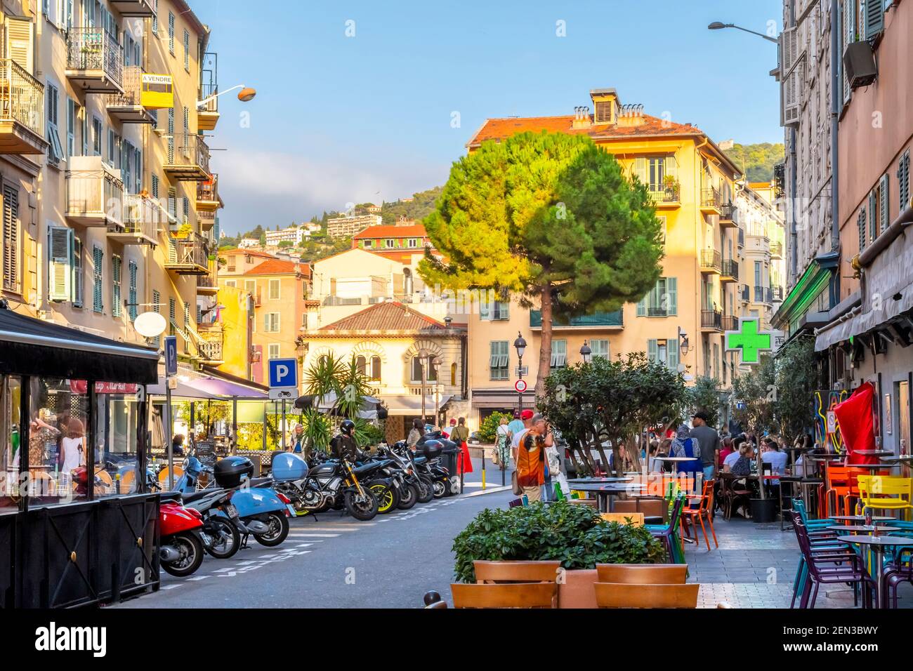 Cafes and shops fill the crowded historic center of Old Town Vieux Nice on the French Riviera in Nice, France. Stock Photo