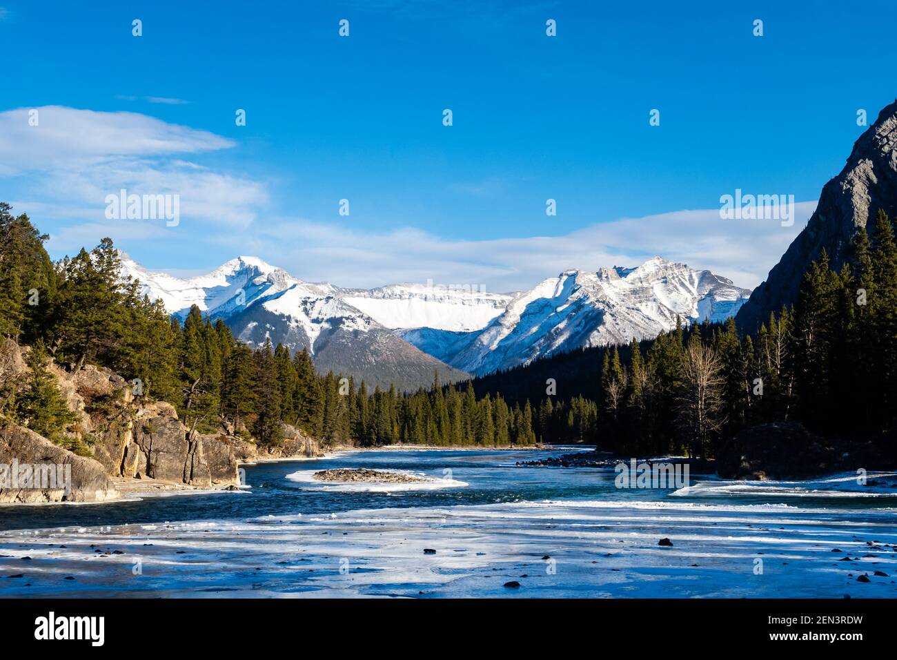 Beautiful view of Bow river in winter, Alberta, Canada Stock Photo
