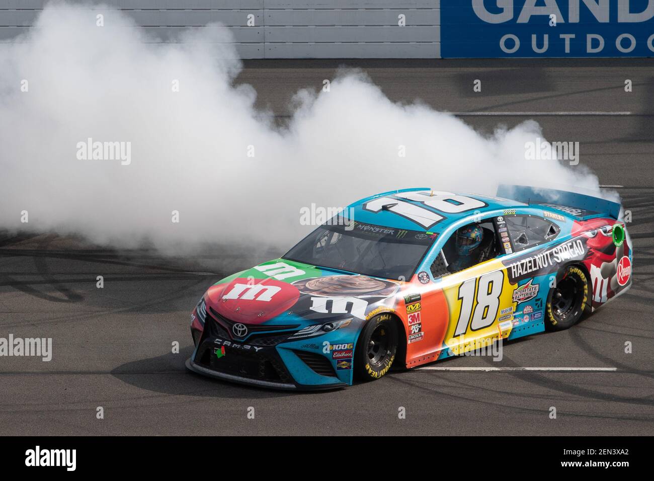 June 02, 2019 Kyle Busch (18) celebrates with a smokeshow after