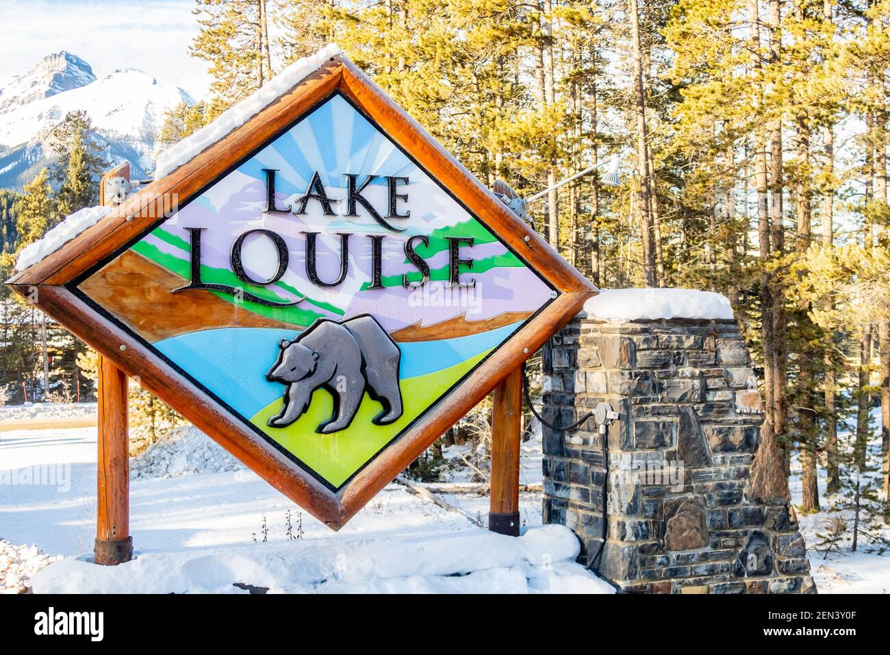 Entrance sign to Lake Louise, Canada Stock Photo