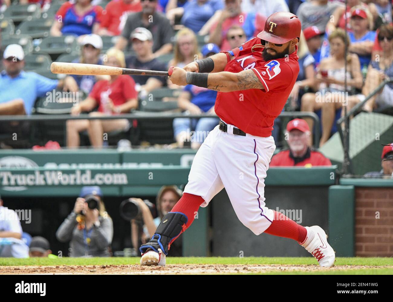 June 02, 2019: Texas Rangers second baseman Rougned Odor #12 pulls up his  pants above his knees like shorts as a tip of the cap to fellow teammate  Hunter Pence who has
