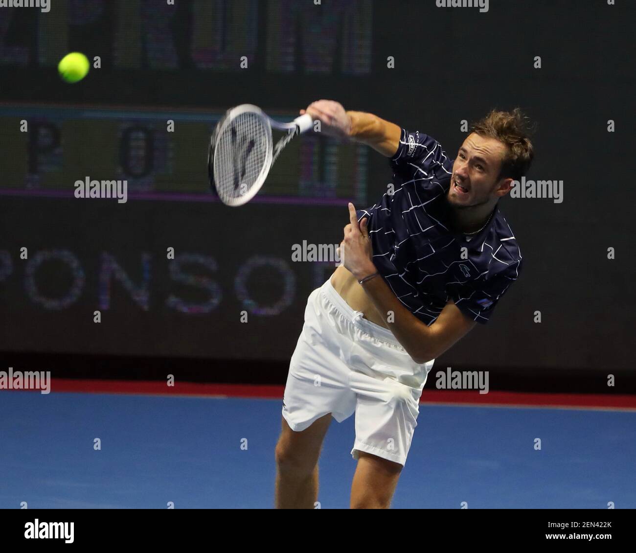 Daniil Medvedev of Russia in action against Reilly Opelka of the United States during the St. Petersburg OPEN 2020 tennis tournament at Sibur Arena.(Final score; Daniil Medvedev Reilly Opelka 2: 1). Stock Photo