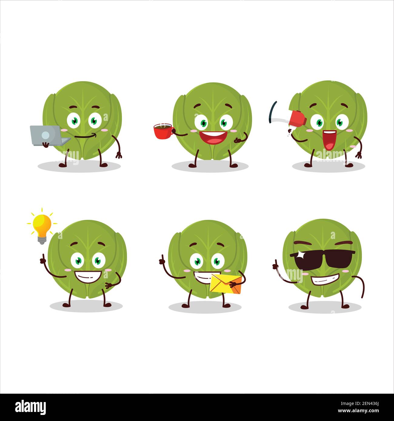 Brussels sprouts cartoon character with various types of business