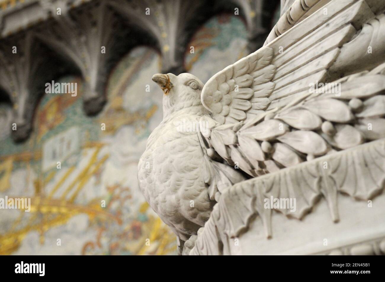 Bird carving on an interior column, Basilica Notre-Dame de Fourviere, Lyon, France Stock Photo