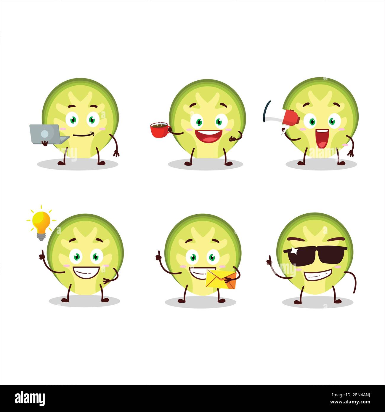 Slice of brussels sprouts cartoon character with various types of business emoticons. Vector illustration Stock Vector
