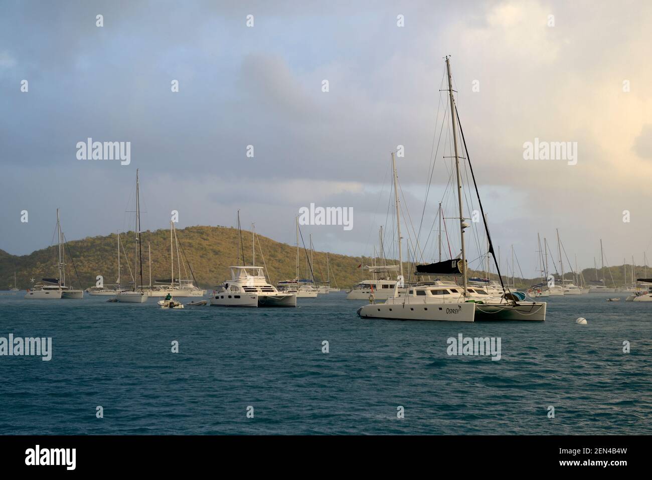 Boats at anchor at the Bitter End Yacht Club, Virgin Gorda, British Virgin Islands Stock Photo