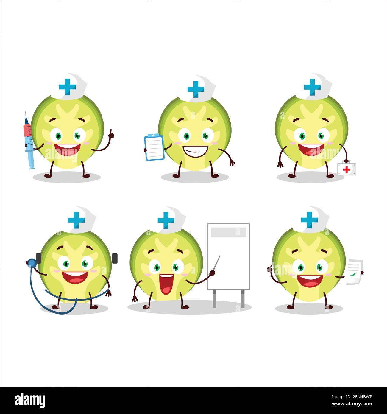 Doctor profession emoticon with slice of brussels sprouts cartoon character. Vector illustration Stock Vector