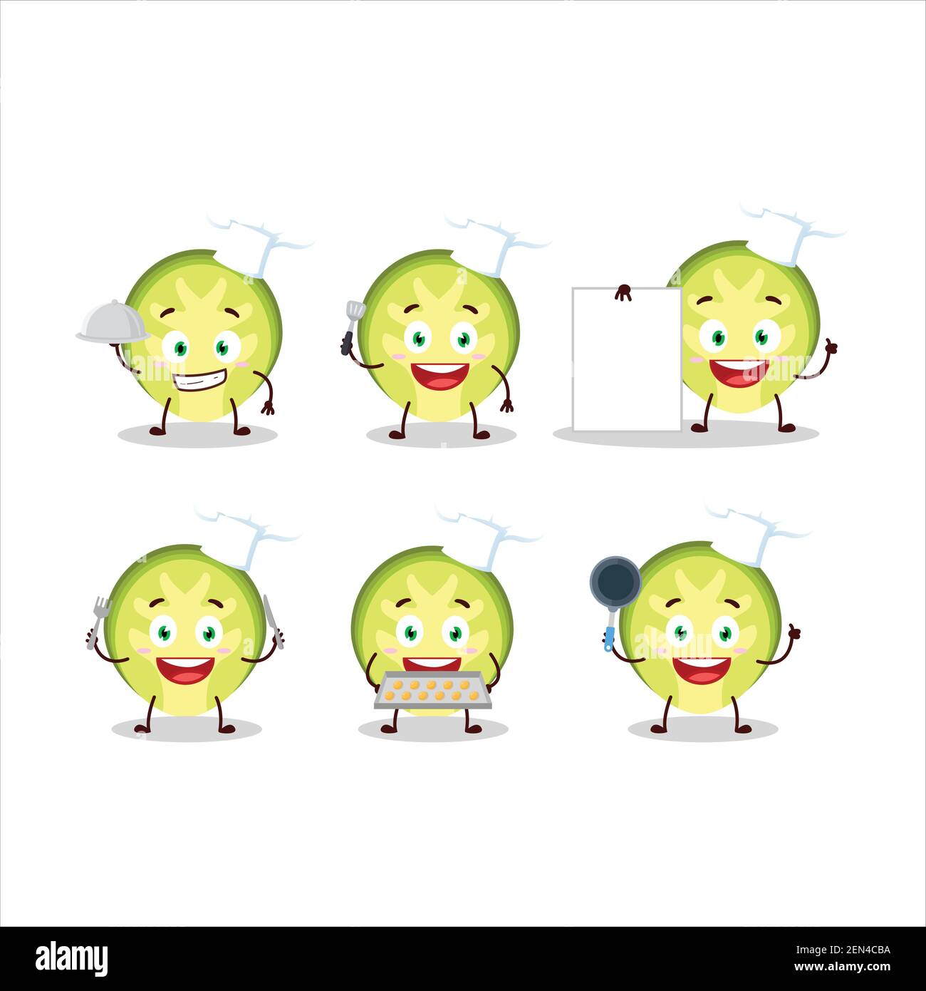 Cartoon character of slice of brussels sprouts with various chef emoticons. Vector illustration Stock Vector