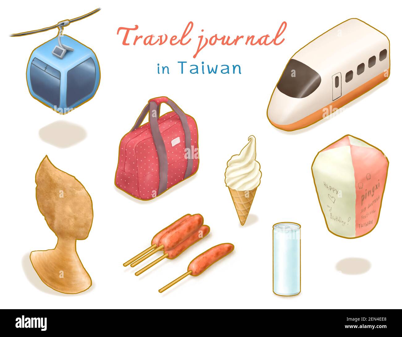 Travel Journal in Taiwan collection, digital painting of ropeway, Queen's head, high speed rail, sky lantern, ice cream, luggage bag, sausage, drink c Stock Photo